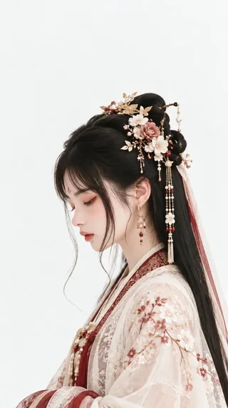 Profile portrait of a young Asian woman in traditional Hanfu against a minimalist warm white background with soft lighting.