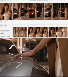 Character interacting with a transforming luxury car in a futuristic showroom, showcasing cinematic lighting and reflections.