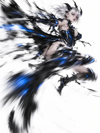 An adult female fantasy demon warrior with short white hair and black horns leaping through the air with extreme motion blur.