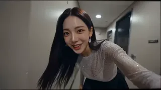 First-person view of a smiling Korean female K-pop idol in her 20s, with long black hair and stage outfit, waving goodbye backstage after grabbing a snack.
