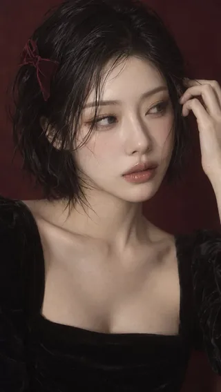 Vertical portrait of an East Asian woman with a wet-look bob, milk-tea eyeshadow, and a burgundy velvet bow against a deep red backdrop.