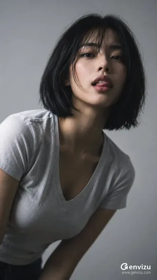 Close vertical editorial portrait of an adult East Asian woman with a short black bob, wearing a light-gray t-shirt against a plain gray wall in soft daylight.