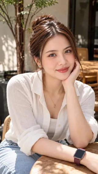 Eye-level photorealistic portrait of a young East Asian woman with a messy bun, resting her chin on her hand at an outdoor cafe with warm dappled sunlight.
