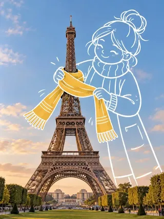 A realistic photograph creatively enhanced with oversized white line-art doodle characters interacting with the real architecture.