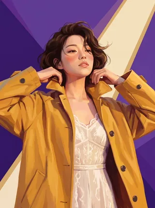 A digital illustration of a young woman with short dark hair, wearing an oversized mustard yellow coat, gazing confidently against a bold violet and gold abstract background.