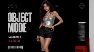 A woman with long dark hair models various Y2K fashion outfits against a dynamic black, white, and red graphic magazine background with bold typography and grid elements.