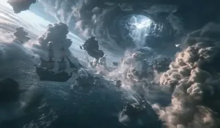 A massive dark fantasy sailing ship is lifted and tossed by a supernatural storm under a glowing hole in the clouds, with celestial energy and debris swirling around it.