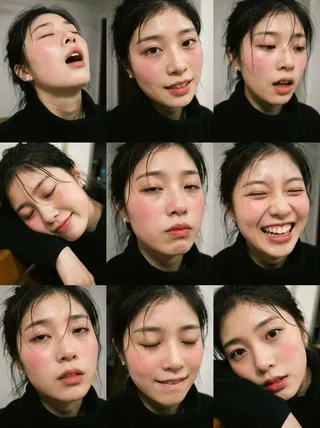 A 3x3 grid of close-up portraits of a woman showing various stages of post-exertion exhaustion and euphoria.