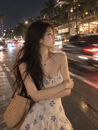 A candid night snapshot of a person with arms crossed against a blurred traffic background, featuring film grain and motion blur.