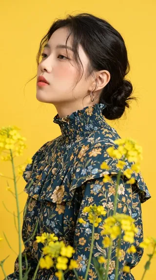 Side profile portrait of a young woman with a low bun and floral blouse, framed by out-of-focus yellow flowers against a solid yellow studio background.