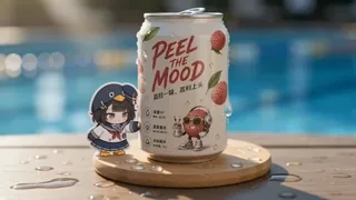 A 2D sticker penguin sailor named Guga has a comical adventure with a drink can and paper towel by a pool, getting squished and flattened.