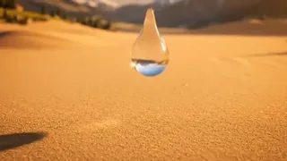 A single water droplet hitting desert sand, causing a miniature Swiss alpine village to rise from the dunes.