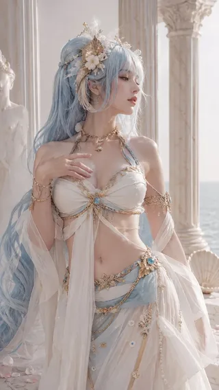 An adult female character portrayed as Aphrodite in a high-end mythological fashion editorial with soft sculptural lighting and muted tones.