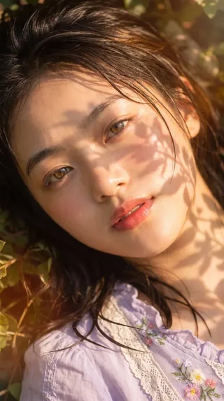 Close-up portrait of a woman with leaf-shaped shadows falling softly across her face during the golden hour.
