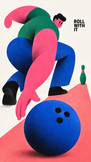 An editorial character poster featuring asymmetric geometric body shapes in hot pink, red, cobalt, and emerald on off-white paper with fine ink stippling.