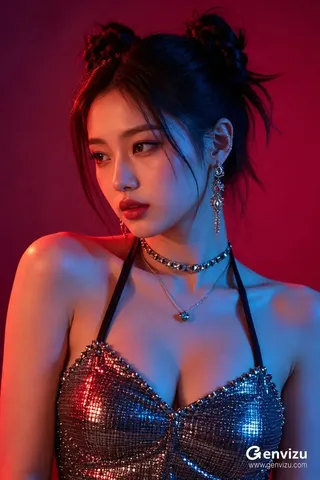 Close-up portrait of an East Asian woman with hair buns, wearing silver jewelry and a metallic halter top under contrasting red and blue studio lighting.