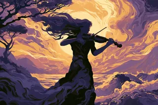 A psychedelic sunset silhouette with flowing outlines against a backdrop of swirling colorful hues and natural elements.