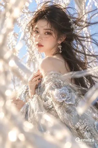 Vertical fine-art fashion portrait of an East Asian woman with windblown hair, touching her floral embroidered garment under warm sunlight.