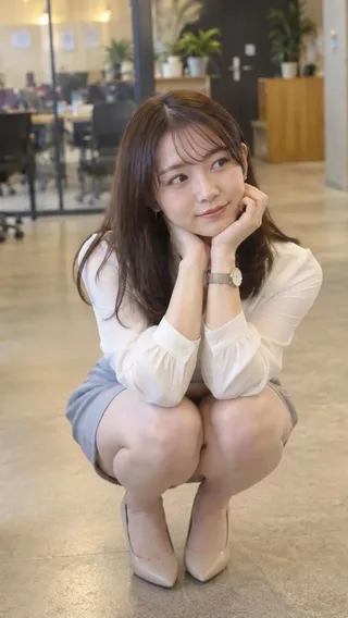 A woman in a white blouse and grey-blue skirt crouching on an office floor, resting her chin in her hands and looking up thoughtfully.