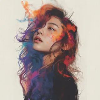 Three-quarter profile of a young East Asian woman with wavy brunette hair dissolving into a vibrant explosion of colorful smoke and pigment dust.