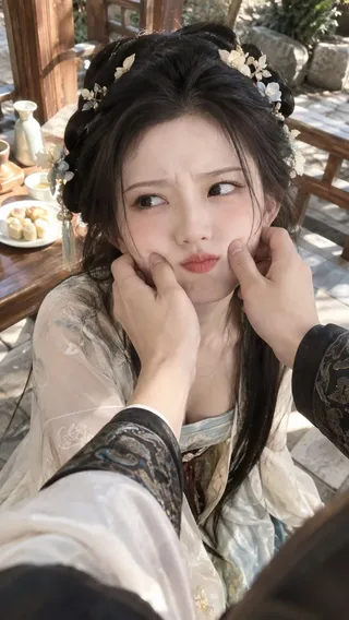 A candid iPhone snapshot of a person showing a charming, slightly annoyed expression blending Song Dynasty aesthetics.