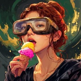 Close-up portrait of a stylish woman with copper hair and oversized goggles eating a colorful ice cream cone against a painterly dark green background.