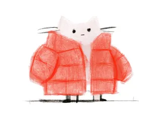 A minimalist crayon sketch of a cute white cat wearing a large red puffer jacket against a white background.