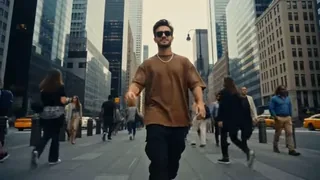 Protagonist snaps fingers, causing a white shockwave that freezes a busy city street with people and pigeons suspended mid-motion.