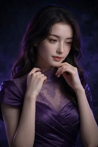 Medium close-up portrait of an elegant young woman with long dark wavy hair, wearing a deep purple satin evening gown against a moody background.