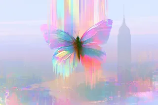 A futuristic holographic skyline blending prismatic gradients, digital noise, and ethereal pastel glitch patterns.