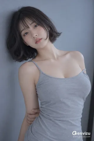 Vertical portrait of a young adult Korean woman with dark bob hair leaning against a gray-blue wall in soft cool light.