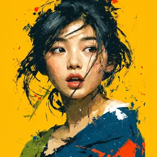 Modern fine art portrait of a young East Asian woman with soulful eyes, parted lips, messy black hair, wearing a Prussian blue kimono with abstract green and red brushstrokes, against a yellow background with paint splatters.