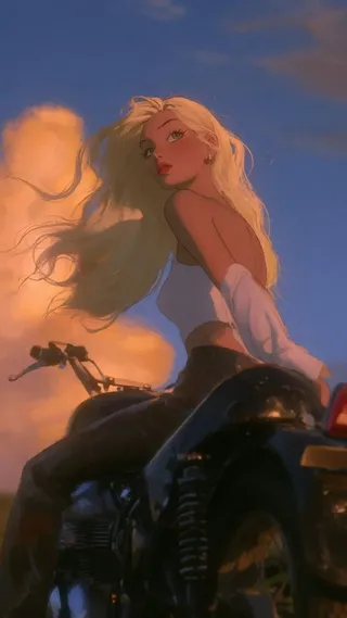 An adult blonde beauty with emerald eyes sits on a retro motorcycle at sunset, tossing her long hair as she looks back.