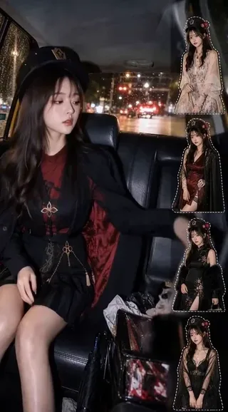 A woman seated in a taxi at night, with a UI panel on the right displaying garment previews. She is shown transitioning through different outfits.
