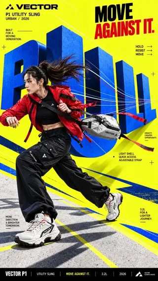 A realistic commercial campaign poster featuring oversized typography that appears to control gravity, affecting the subject's pose, hair, and clothing to create a dynamic visual effect.