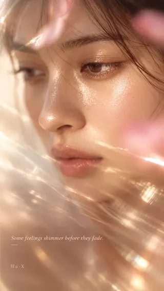 Intimate close-up of a young East Asian woman's face, featuring hyper-realistic skin texture with a luminous moisture sheen. Warm backlight and in-camera lens flares create a cinematic, editorial aesthetic, with parts of the face softly obscured by light.