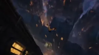 A young child with curly brown hair and glasses stands on a high rooftop, looking out at a sprawling steampunk city at dusk with dramatic clouds.