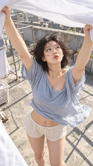An East Asian woman reaching up on a windy rooftop to catch a white bedsheet, captured in a candid lifestyle style.
