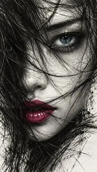 Extreme close-up fine-art portrait of a woman in black and white with an icy-blue eye and glossy berry-magenta lips peeking through tangled dark hair.
