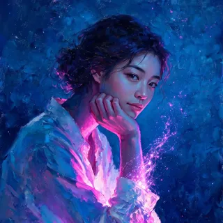 Close-up digital oil painting of a serene young East Asian woman with dramatic magenta and blue lighting against an abstract textured cosmic background.