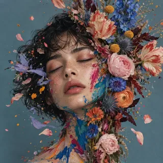 Close-up of a young woman with eyes closed, her face merging into a detailed arrangement of flowers and painterly strokes against a dusty blue-gray background.