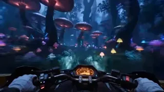 First-person view from a hoverbike in a dark, glowing alien jungle, with a large, iridescent insect flying close to the camera.