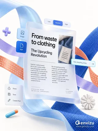 A 3D UI mockup for 'The Upcycling Revolution' featuring floating documents, Fluent-style controls, and colorful ribbons on a warm-white background.