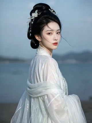 An elegant portrait of a mature Asian woman in traditional attire looking back over her shoulder by a tranquil water shore.