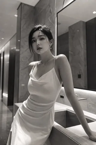Monochrome portrait of a young Korean model in a white slip dress leaning against a counter in a luxury hotel restroom.
