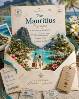 A luxury travel invitation card with a 3D pop-up of Santorini, Greece, surrounded by travel accessories on a wooden table.