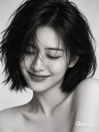 Close-up black and white portrait of a young East Asian woman with short dark bob, closed eyes, and a subtle asymmetric smile against a pale background.