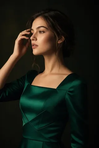 A dramatic studio portrait of a young woman in a three-quarter profile wearing an emerald green satin gown with a moody background.