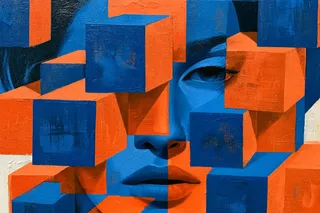 Abstract art featuring interlocking cubes and shifting perspectives in bold contrasting colors.