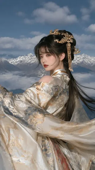 A waist-up, three-quarter profile shot of an East Asian woman with an elaborate jade and gold headdress, wearing traditional emerald robes, with a serene expression and soft morning light.